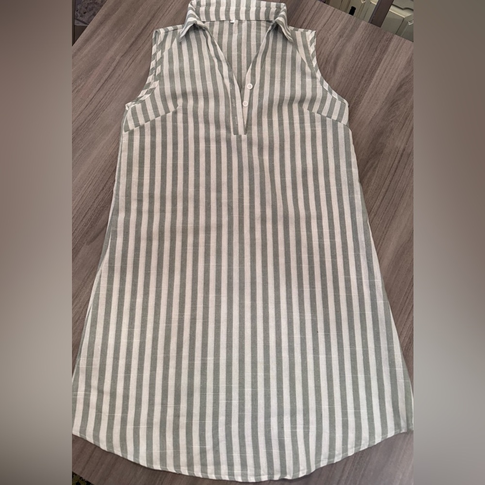 Green Striped Sleeveless Shirt Dress-NWOT